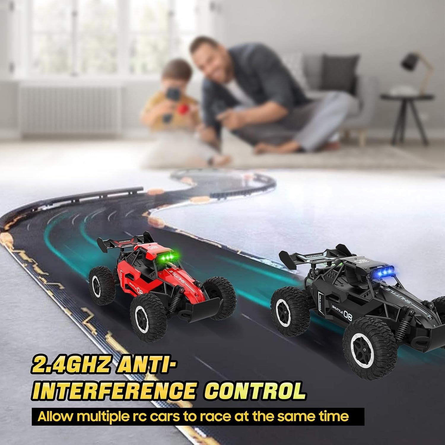 High-Speed 2WD RC Car for Kids with LED Lights & 2 Batteries – Black
