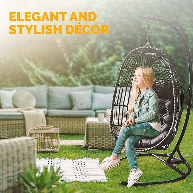 Hanging Egg Chair with Stand Rattan Swing Seat Grey Cushion Indoor Outdoor