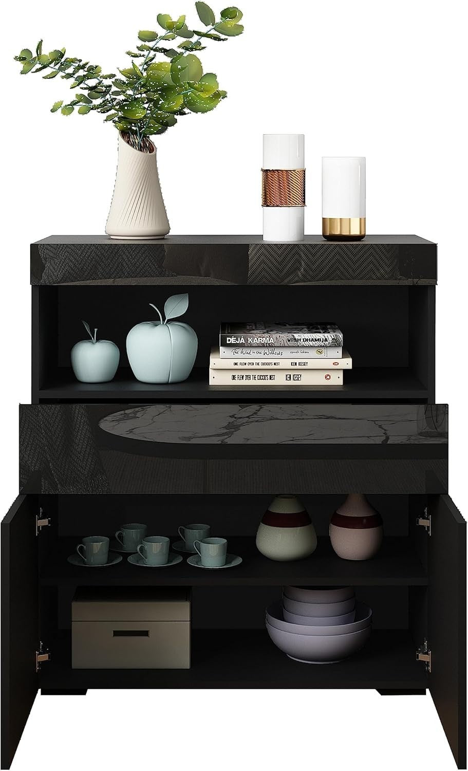 Black High Gloss Sideboard Cabinet with LED Lights, Storage & Lockable Doors