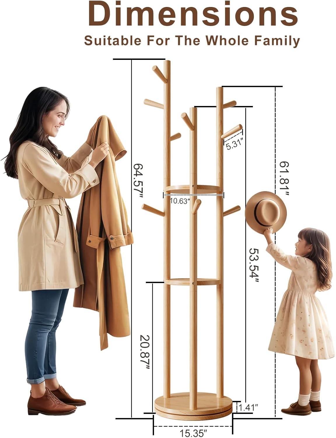 Wooden Coat Rack Stand with 3 Shelves | 360° Rotating Hall Tree 9 Hooks