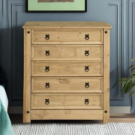 Solid Pine Chest of 5 Drawers, Rustic Waxed Wood Storage for Bedroom