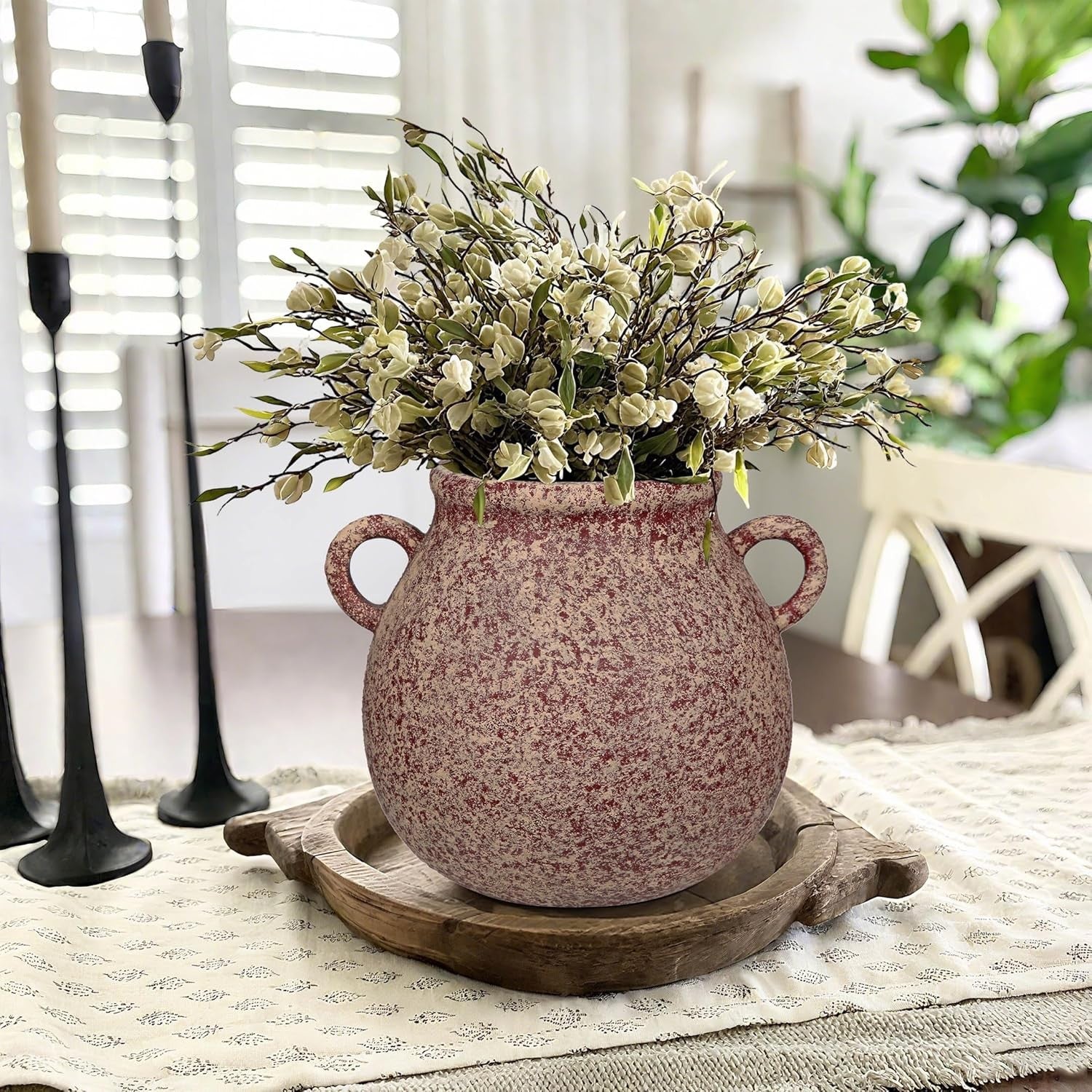 Rustic Ceramic Vase with Handles Farmhouse Urn Table Centrepiece Decor