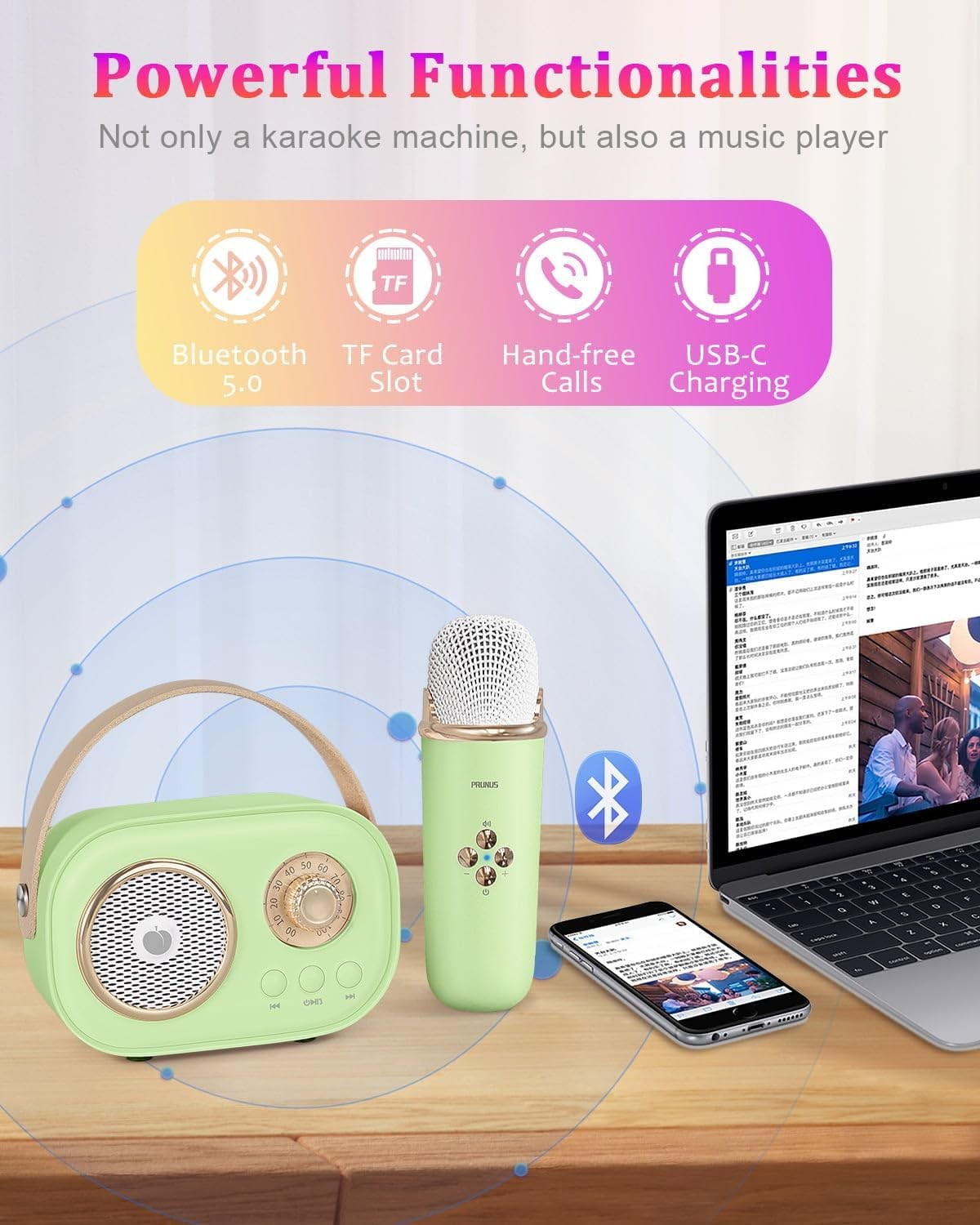 Mini Karaoke Machine Bluetooth 2 Wireless Mics Green Portable