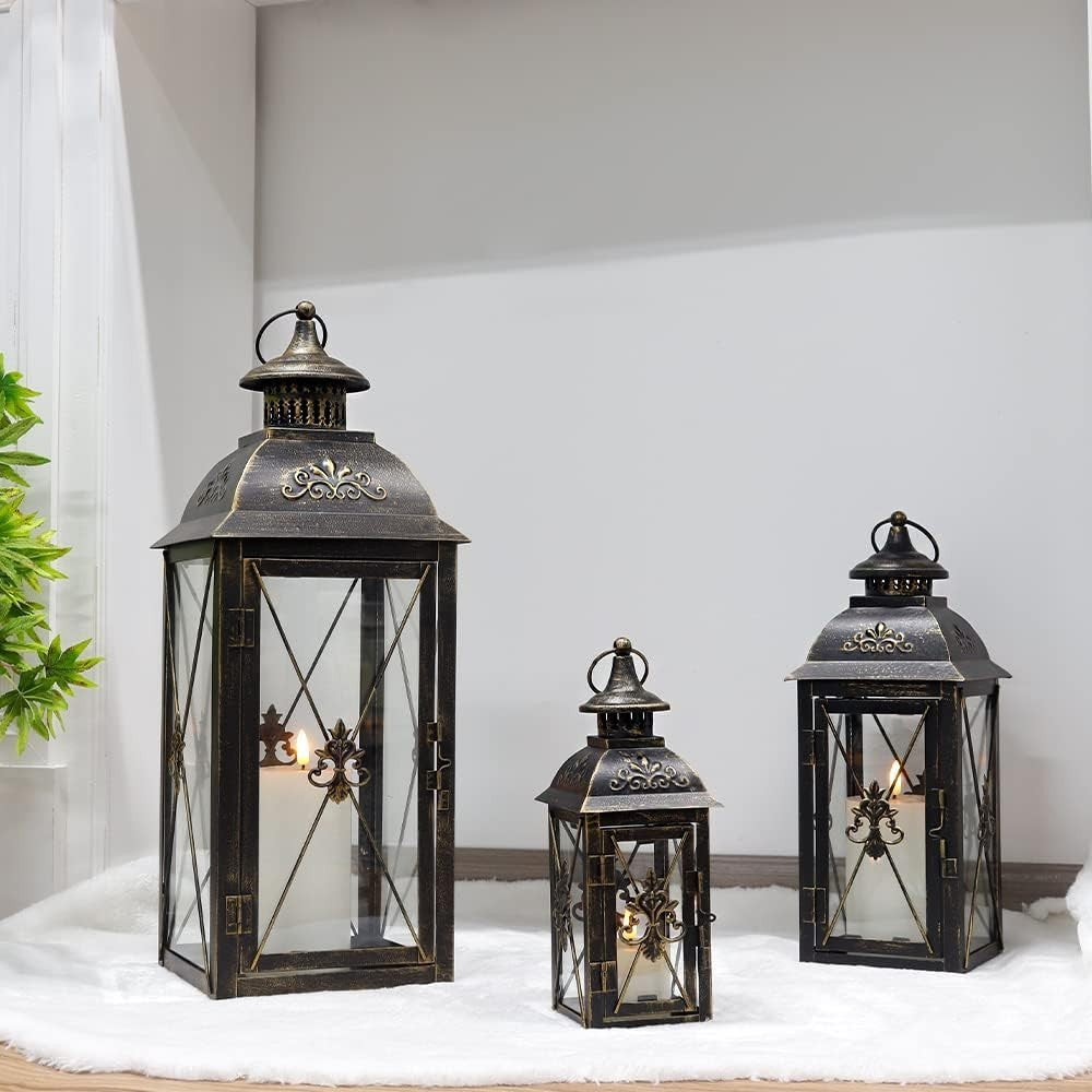 Black Gold Lantern Set of 3 Vintage Metal Candle Holders