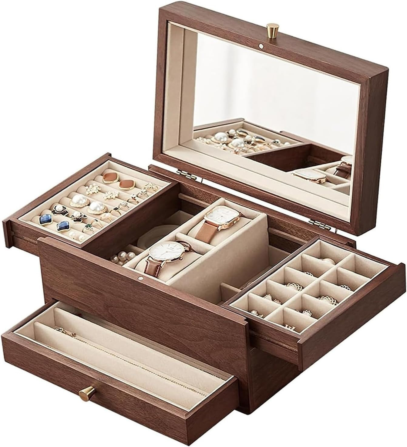 Luxury Walnut Jewelry Organizer Box 3 Tier Mirror Brass Handle Storage