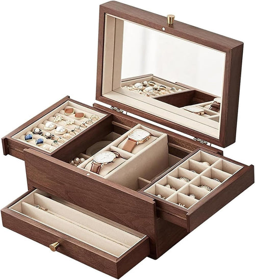 Luxury Walnut Jewelry Organizer Box 3 Tier Mirror Brass Handle Storage