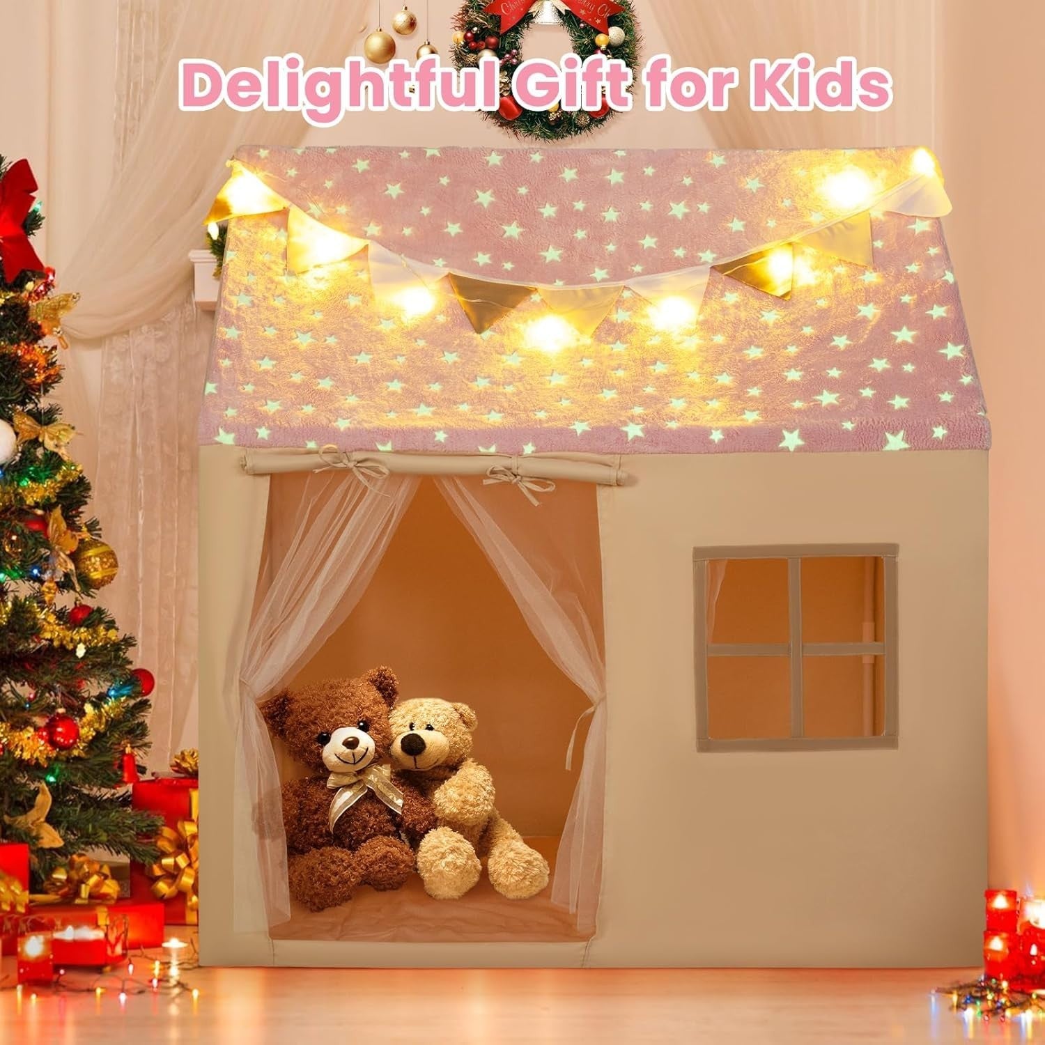 Glow in Dark Kids Castle Play Tent Indoor w Lights Mat Flags