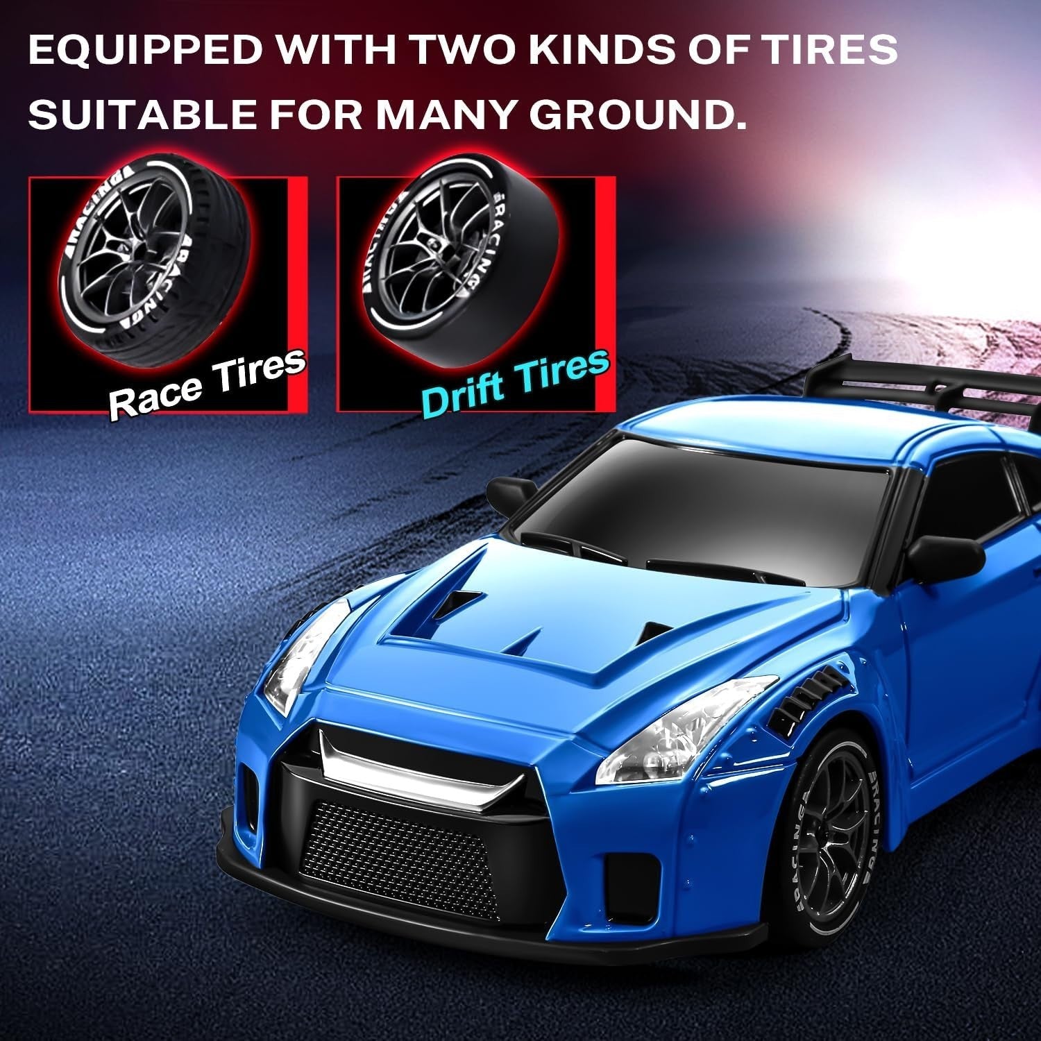 1:24 RC Drift Car 20KM/H – 4WD Remote Control Toy with Extra Tires, Dark Blue