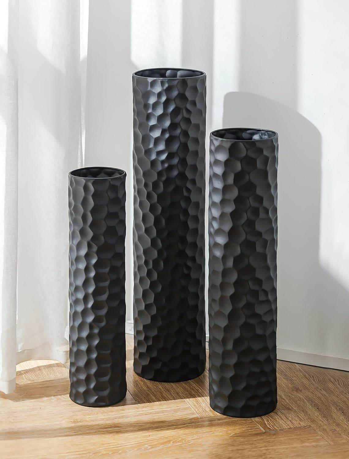 Large Black Metal Floor Vase Set Tall Modern Honeycomb Home Decor 3pcs