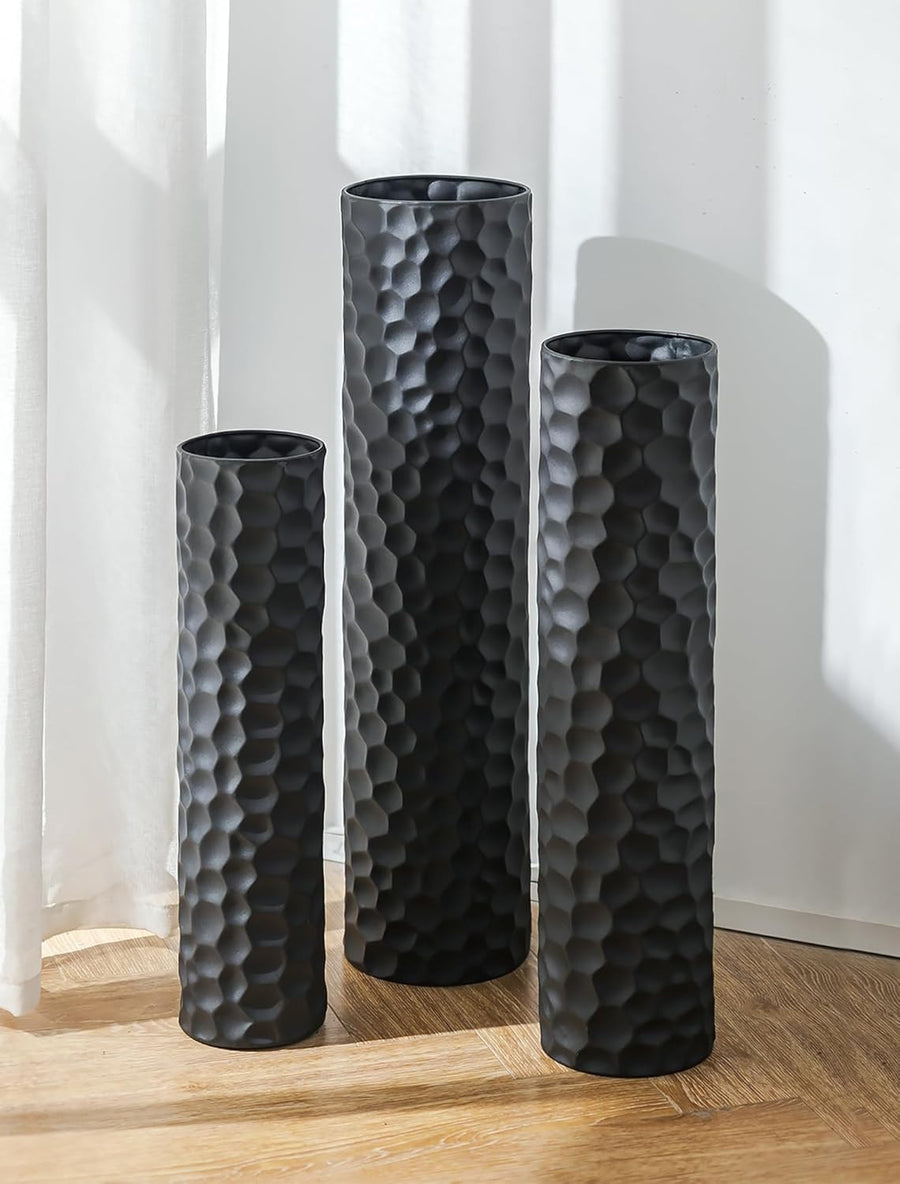 Large Black Metal Floor Vase Set Tall Modern Honeycomb Home Decor 3pcs