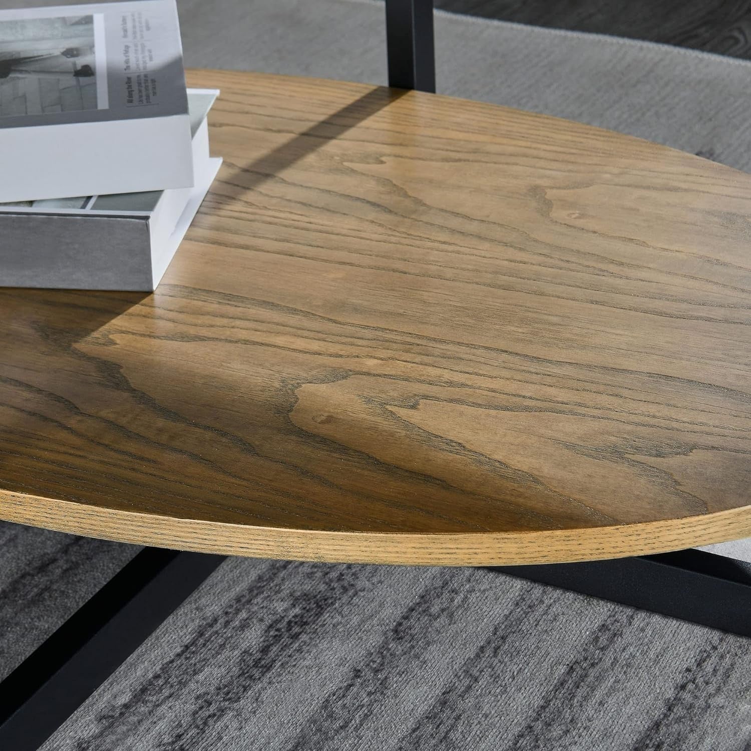 Rustic Brown Oval Coffee Table with Cross Metal Legs & 2-Tier Shelf 110cm