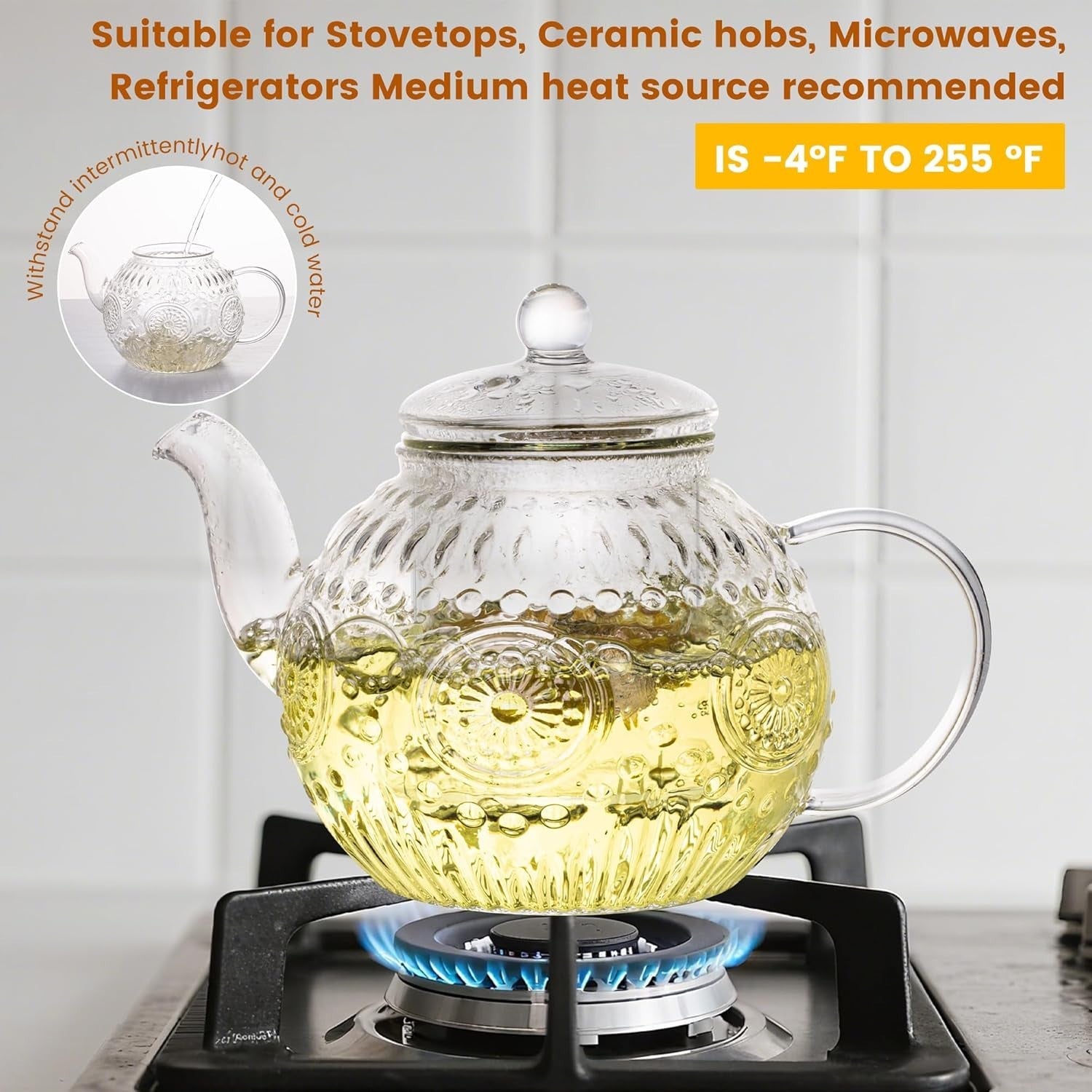 1000ml Glass Teapot with Removable Infuser Stovetop Safe Tea Maker