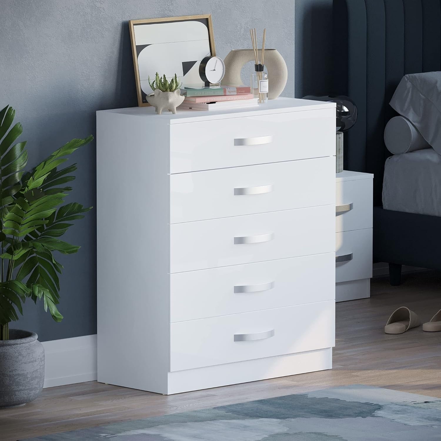 White High Gloss 5 Drawer Chest Storage Cabinet with Smooth Glide Drawers