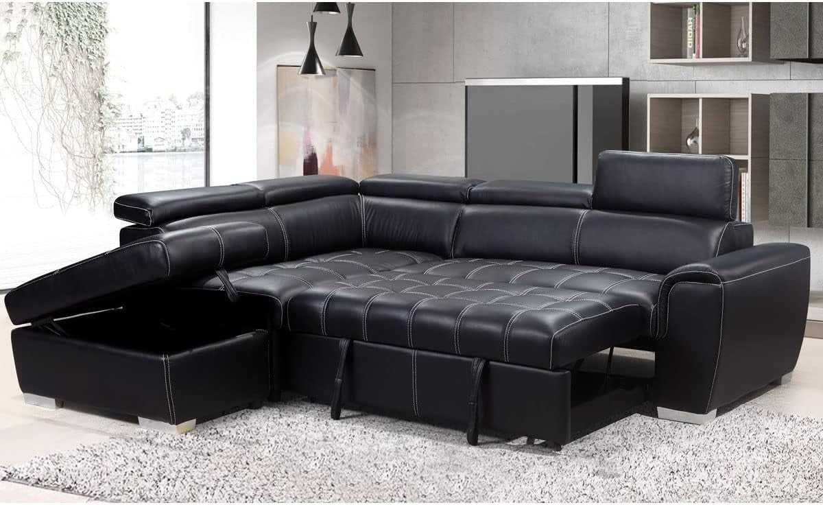 Black Leather Corner Sofa Bed w/ Storage Ottoman – L Shape, Left Hand,4-5 Seater