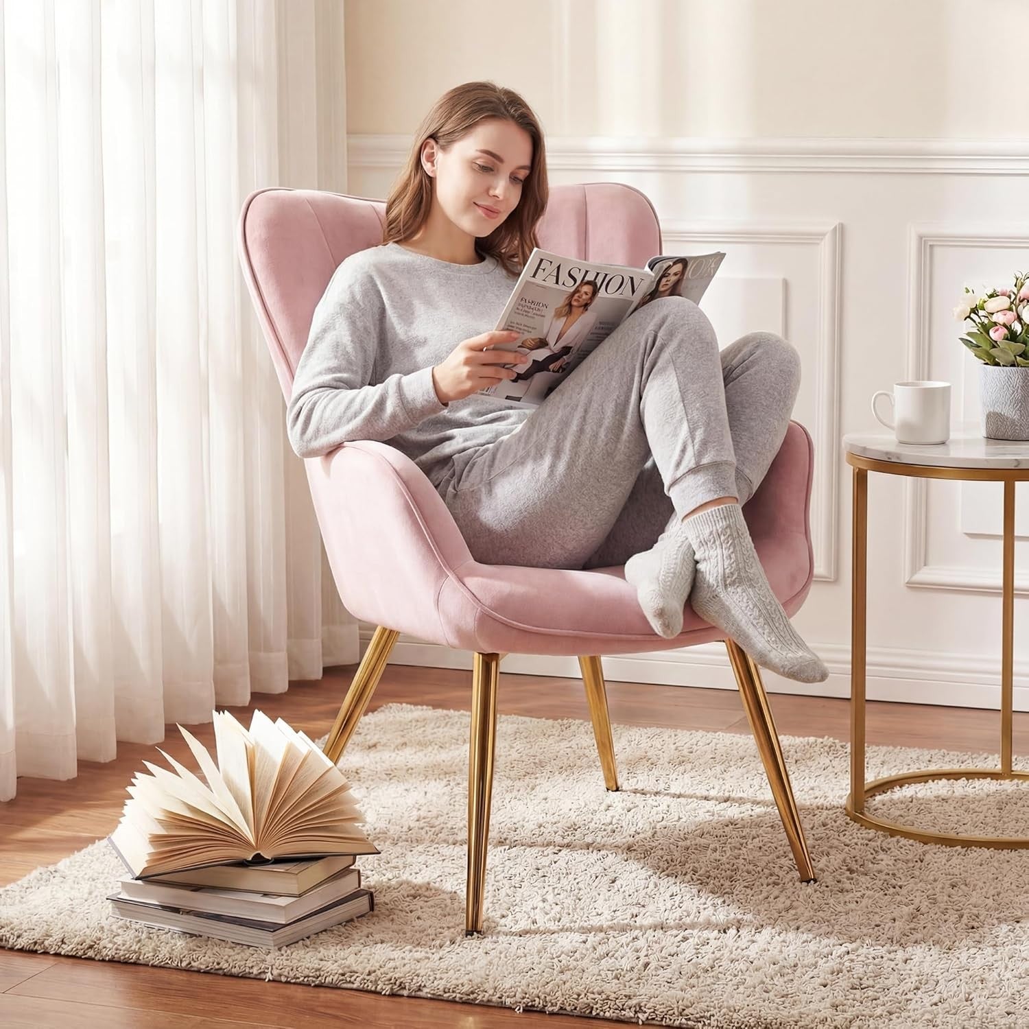 Wing Back Accent Armchair with Ottoman Modern Lounge Chair Pink