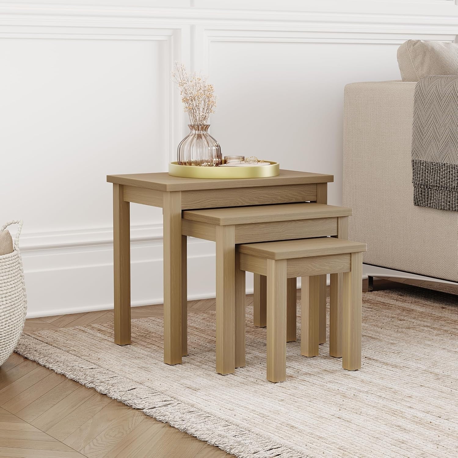Space Saving Nesting Side Table Set Oak Wood Veneer Brown Square (Max 77)