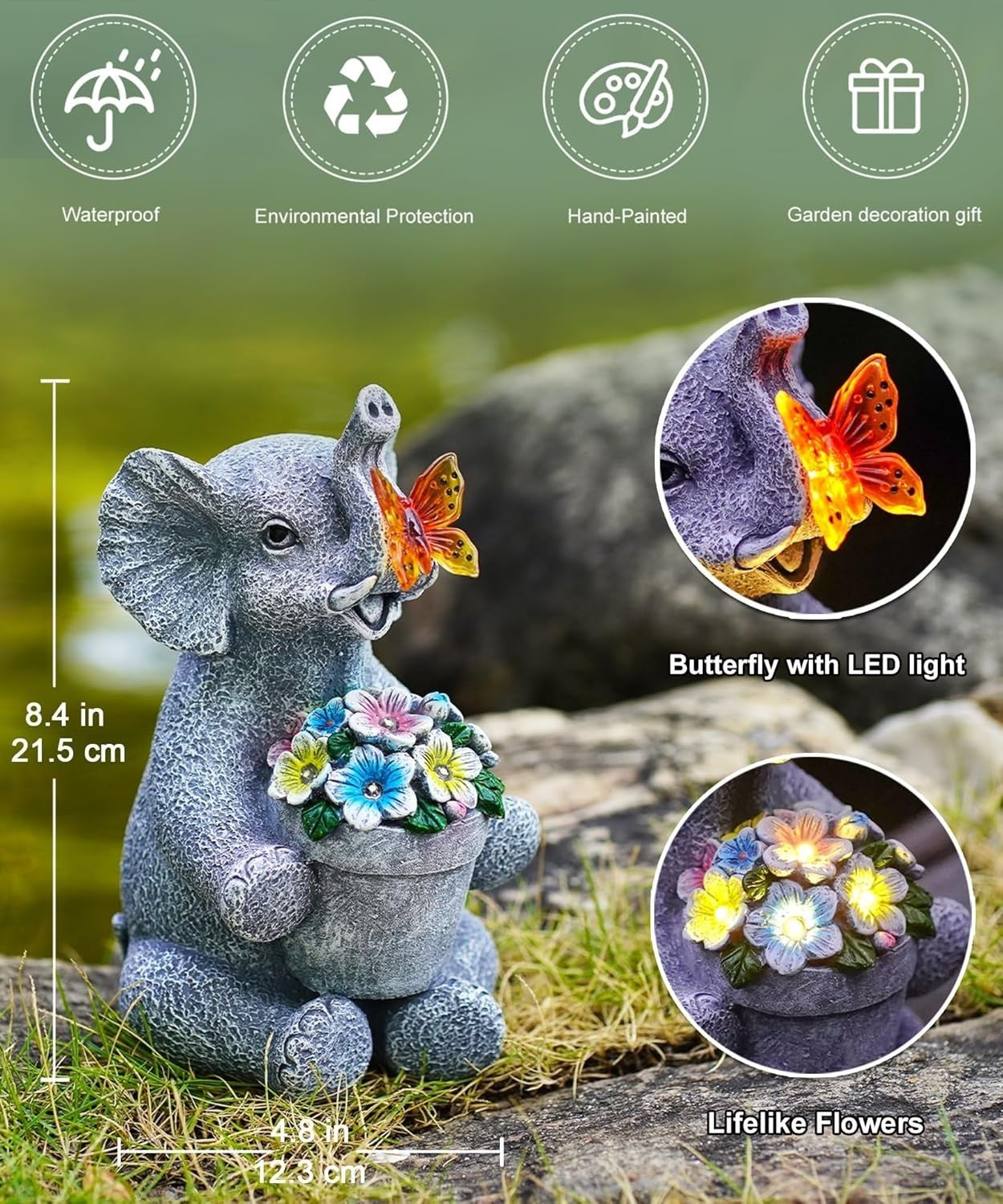 Solar Elephant Garden Ornament with Butterfly Light Resin Outdoor Decor Gift