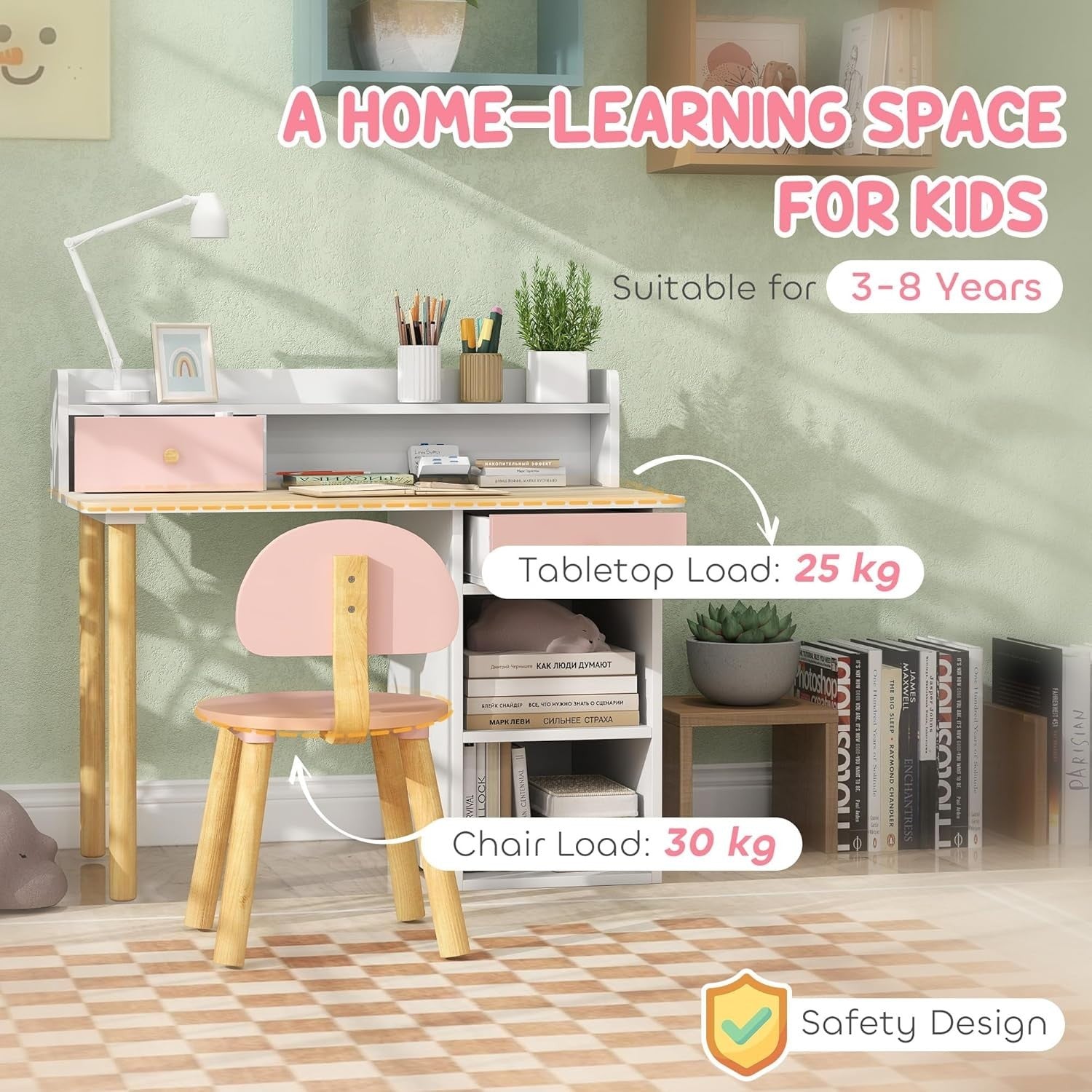 Kids Study Desk & Chair Set with Hutch, Storage Drawers, Pink for Ages 3-8