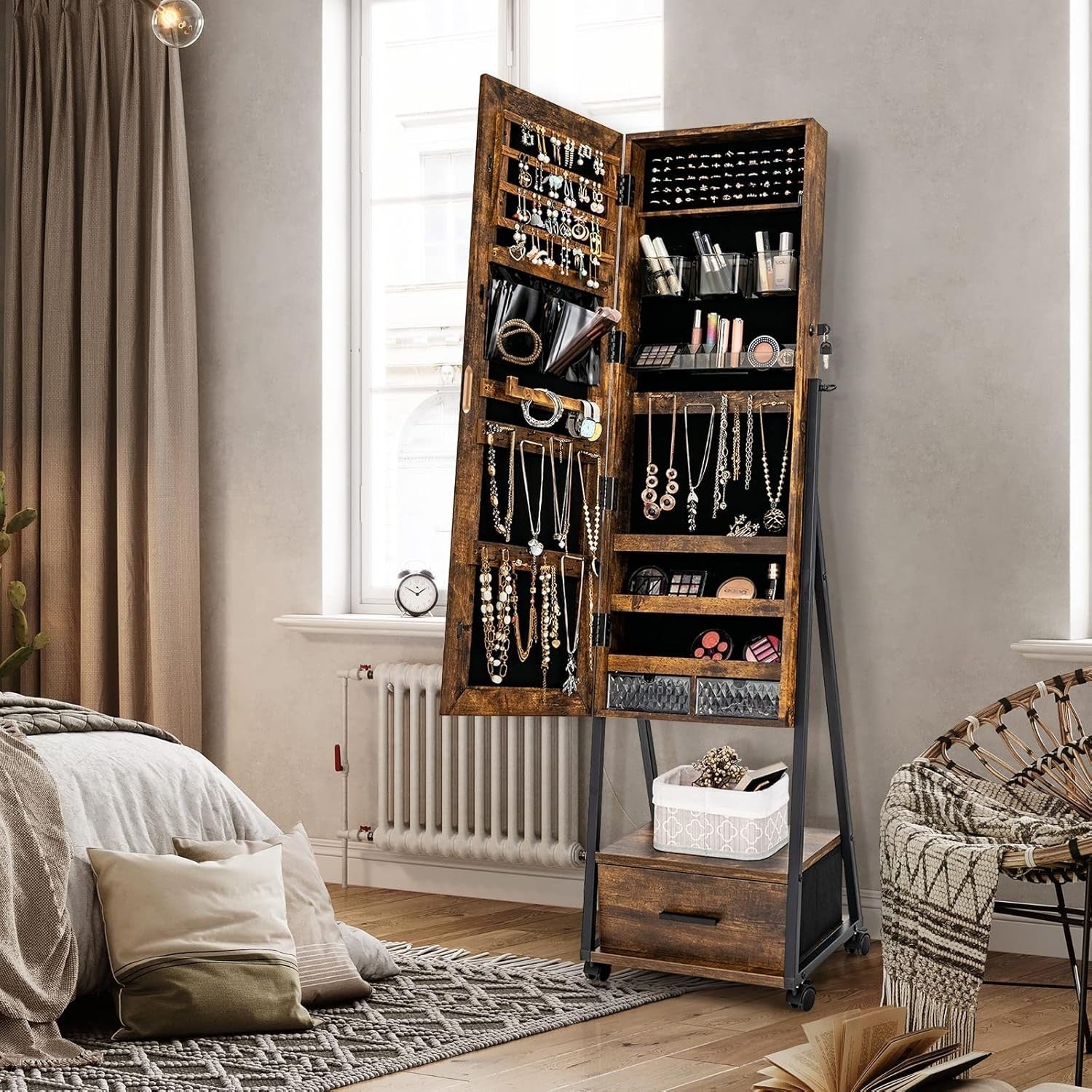 Mobile Jewelry Cabinet with Wheels Lockable Full Length Mirror Organizer