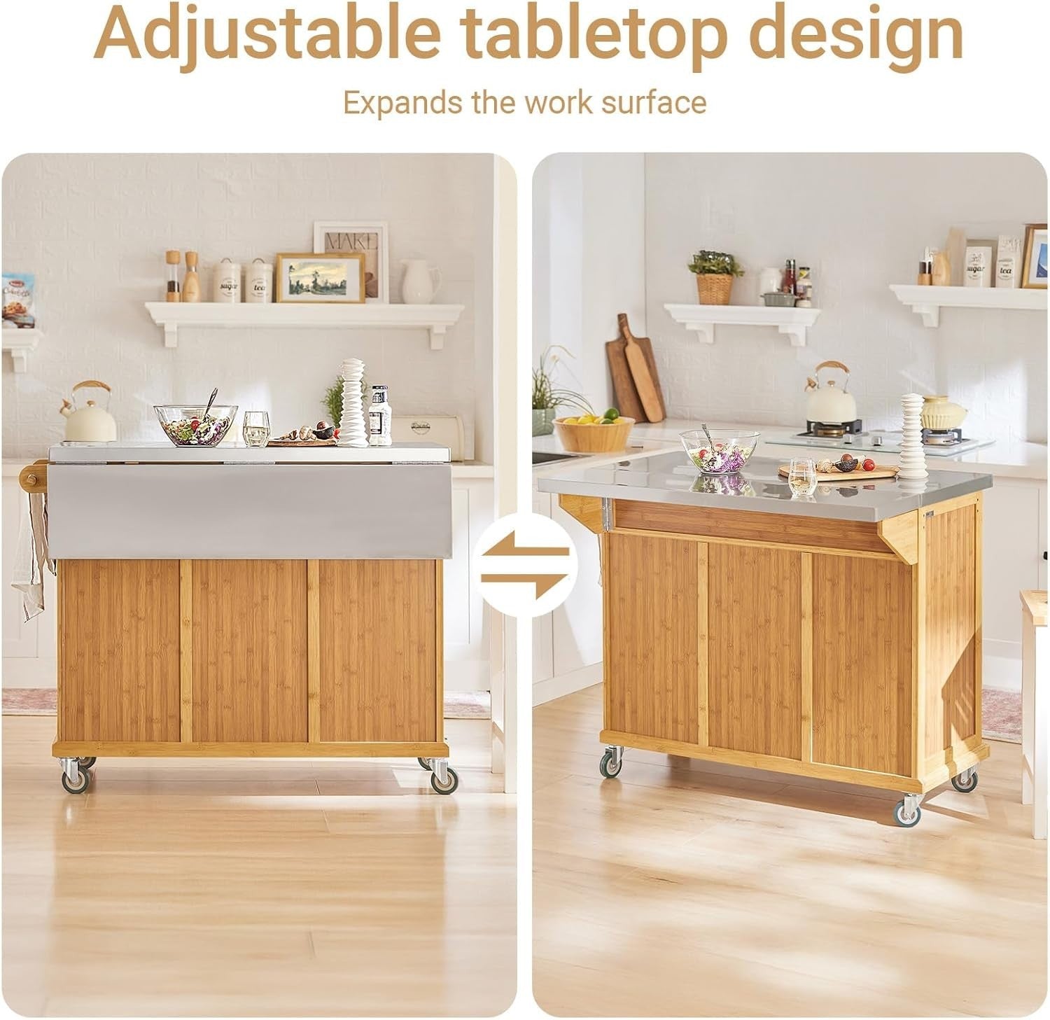 Kitchen Island on Wheels Extendable Worktop Drawers