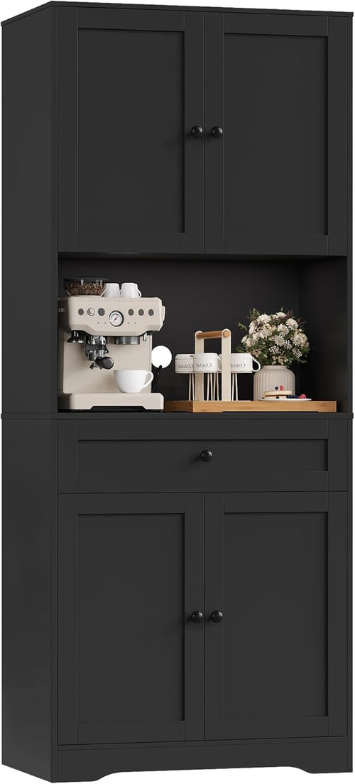 Black 180cm Tall Kitchen Cupboard 4-Door Pantry 1-Drawer Countertop