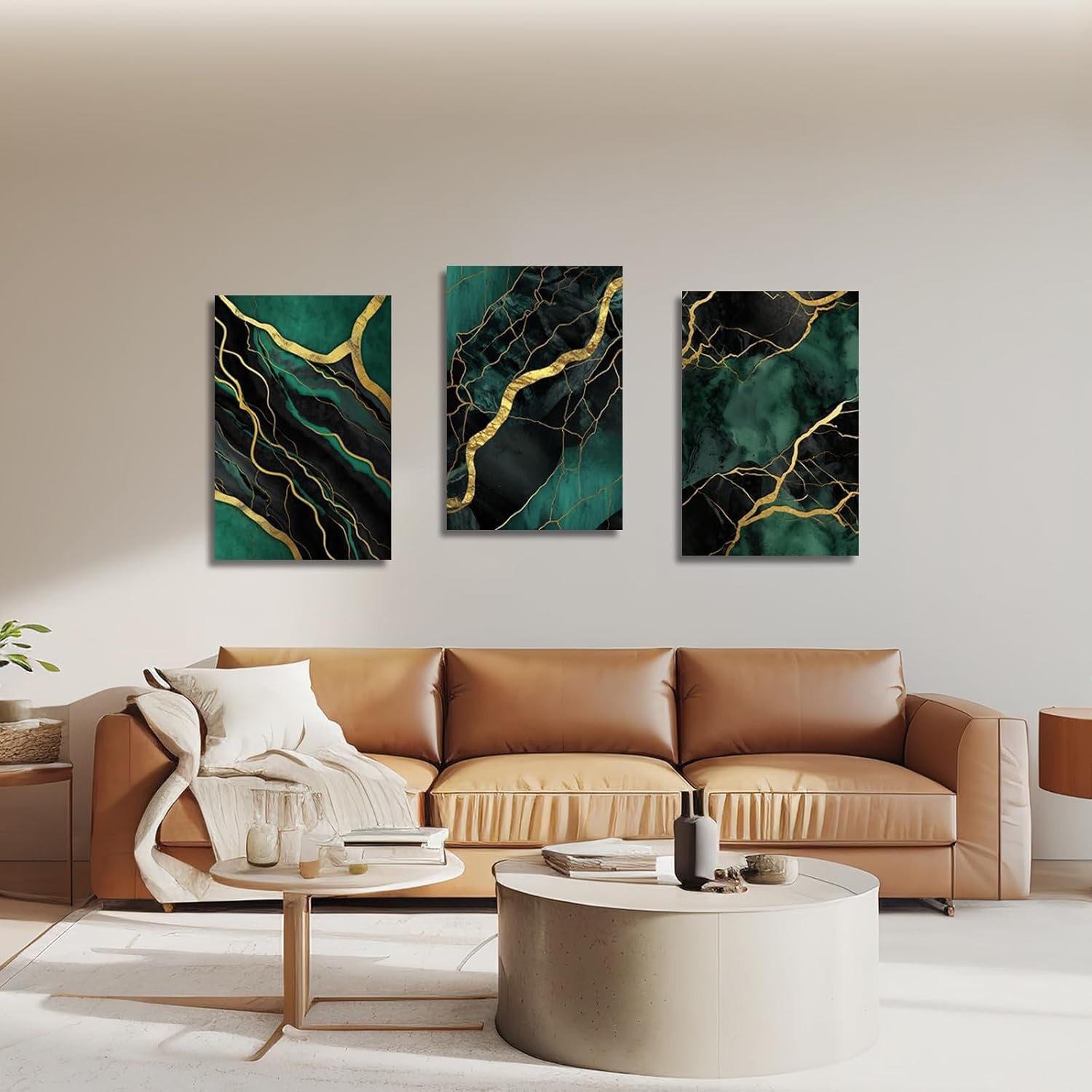 3Pcs Emerald Green & Gold Abstract Canvas – Marble Texture Framed Wall Art