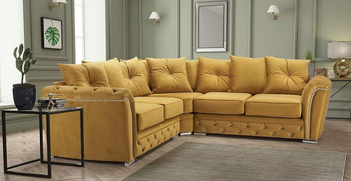 Luxury Chesterfield Mustard Plush 5 Seater Corner Sofa Studded Arms L-Shape