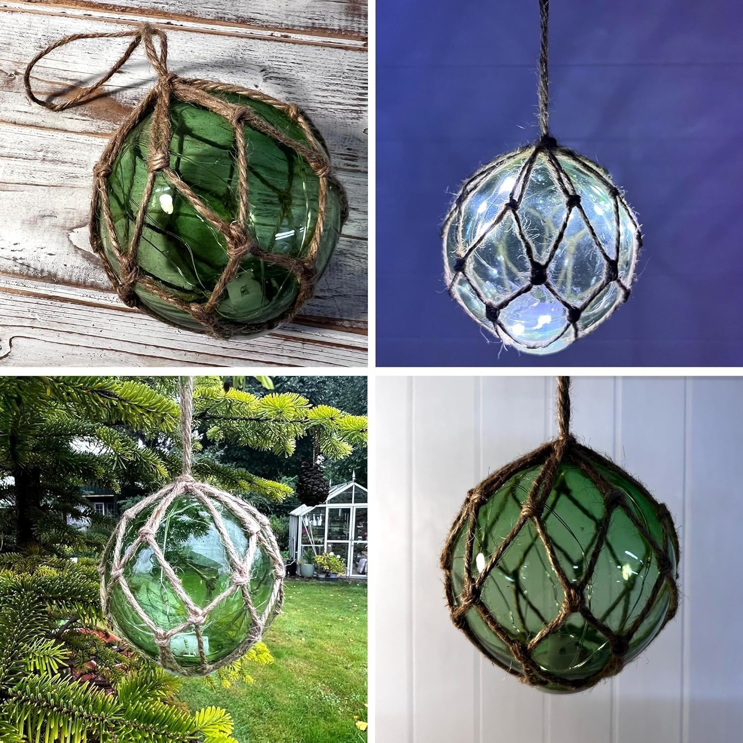 Green Glass Fishing Buoy LED Light Nautical Decor Hanging Tiki Bar Ornament 10cm