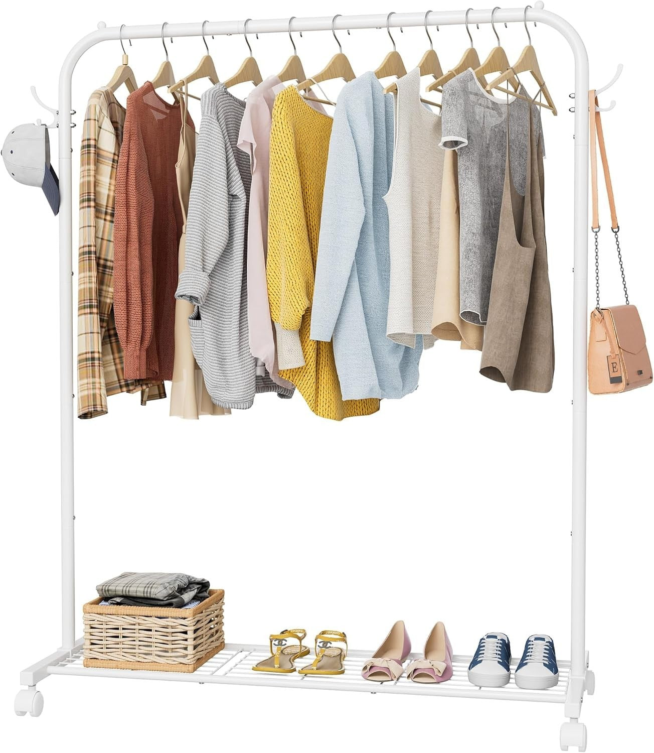 Portable White Clothes Rail 40KG Rack With Wheels Shelf & Hooks