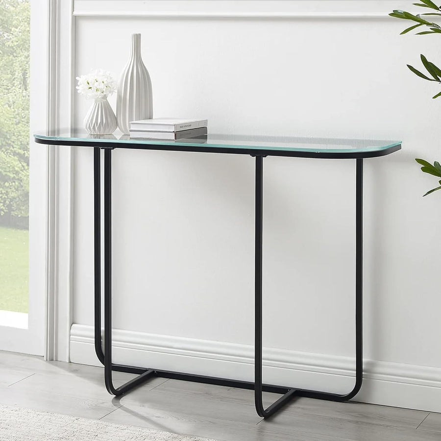 Glass Console Table with Metal Legs, Narrow Entryway Sofa Hallway Desk 76x139cm
