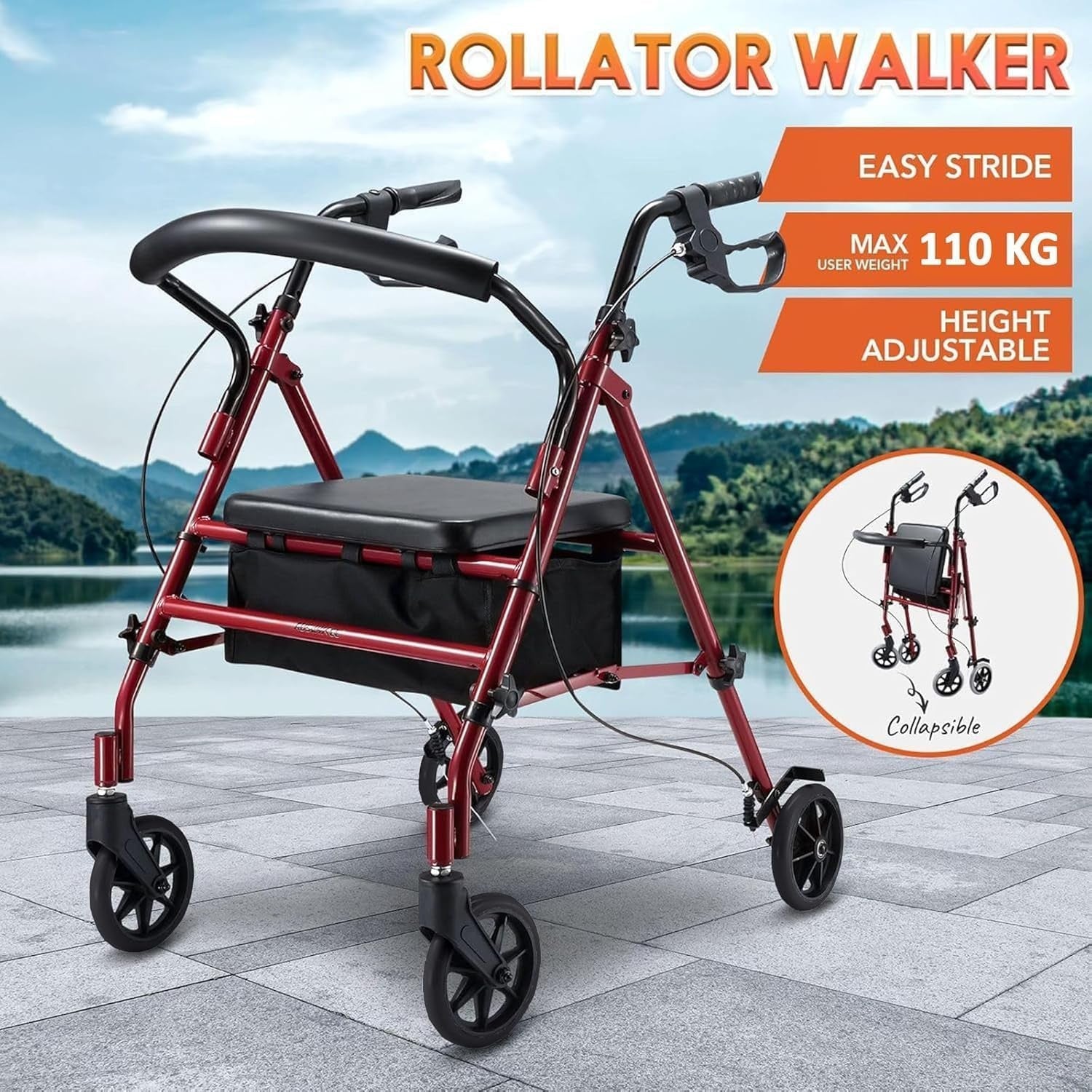 Lightweight Folding Rollator Walker Seat 4 Wheels Adjustable Brakes