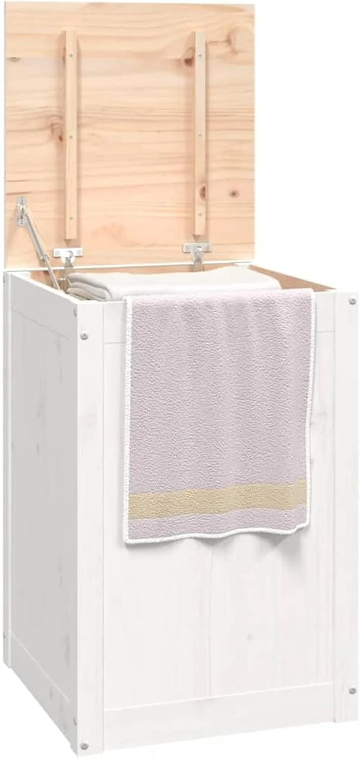 Laundry Hamper White Solid Wood Basket with Lid 🚿 Bathroom Storage