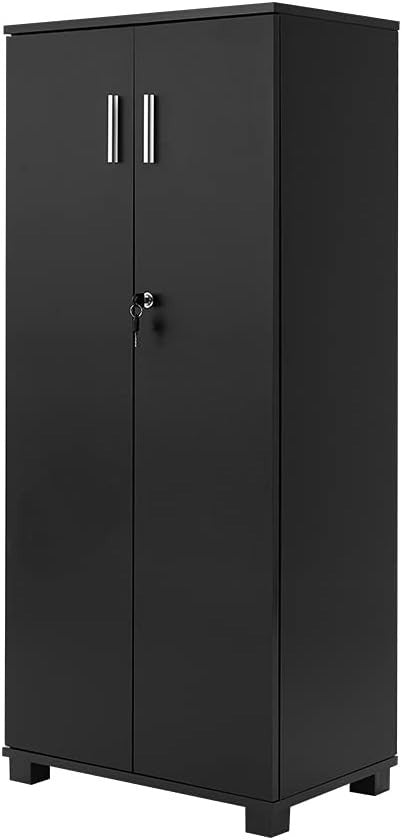 Black Tall Lockable Storage Cabinet 2 Door Slim Office Filing Cupboard