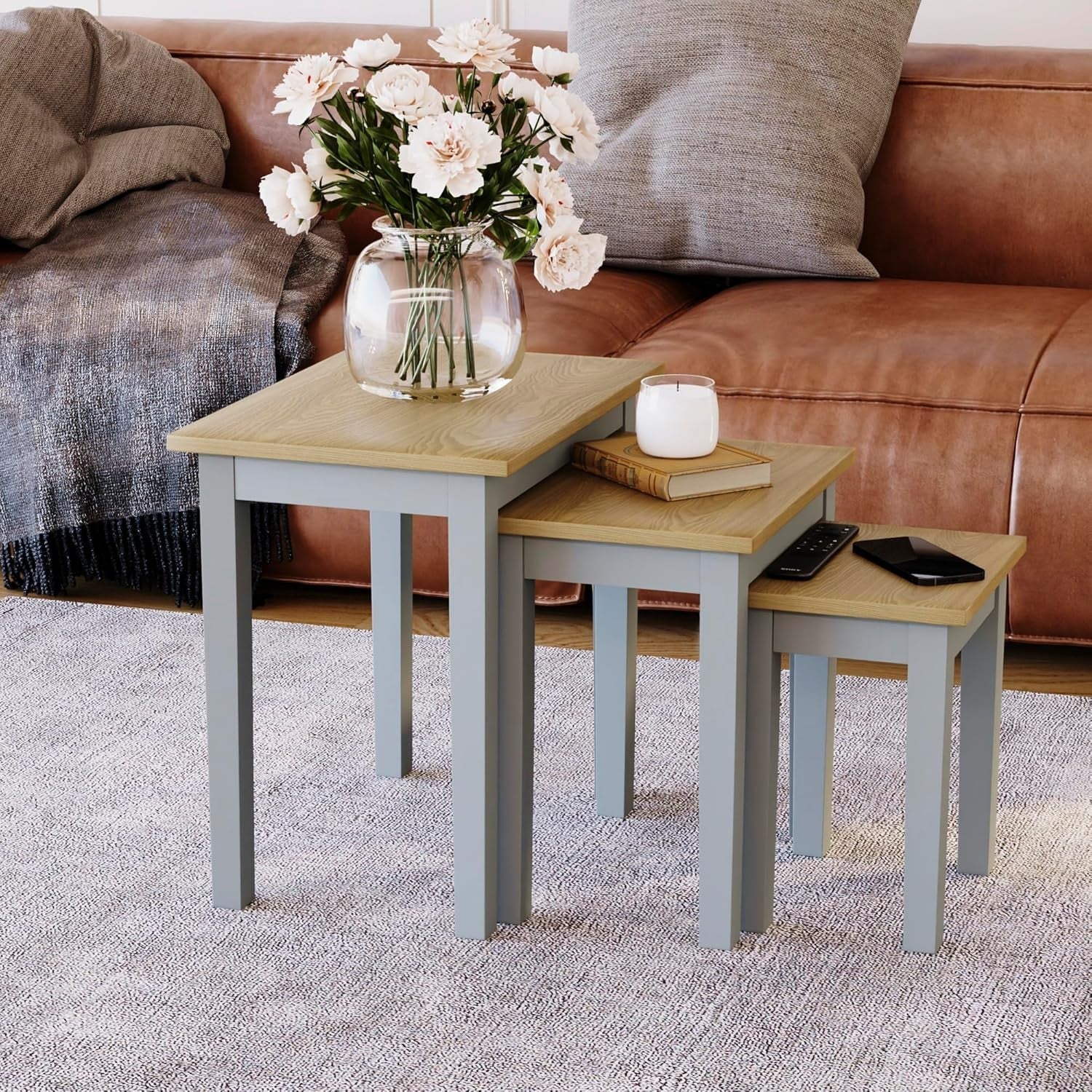 Nest of 3 Modern Coffee Side Tables Oak Grey Wood End Living Room Furniture