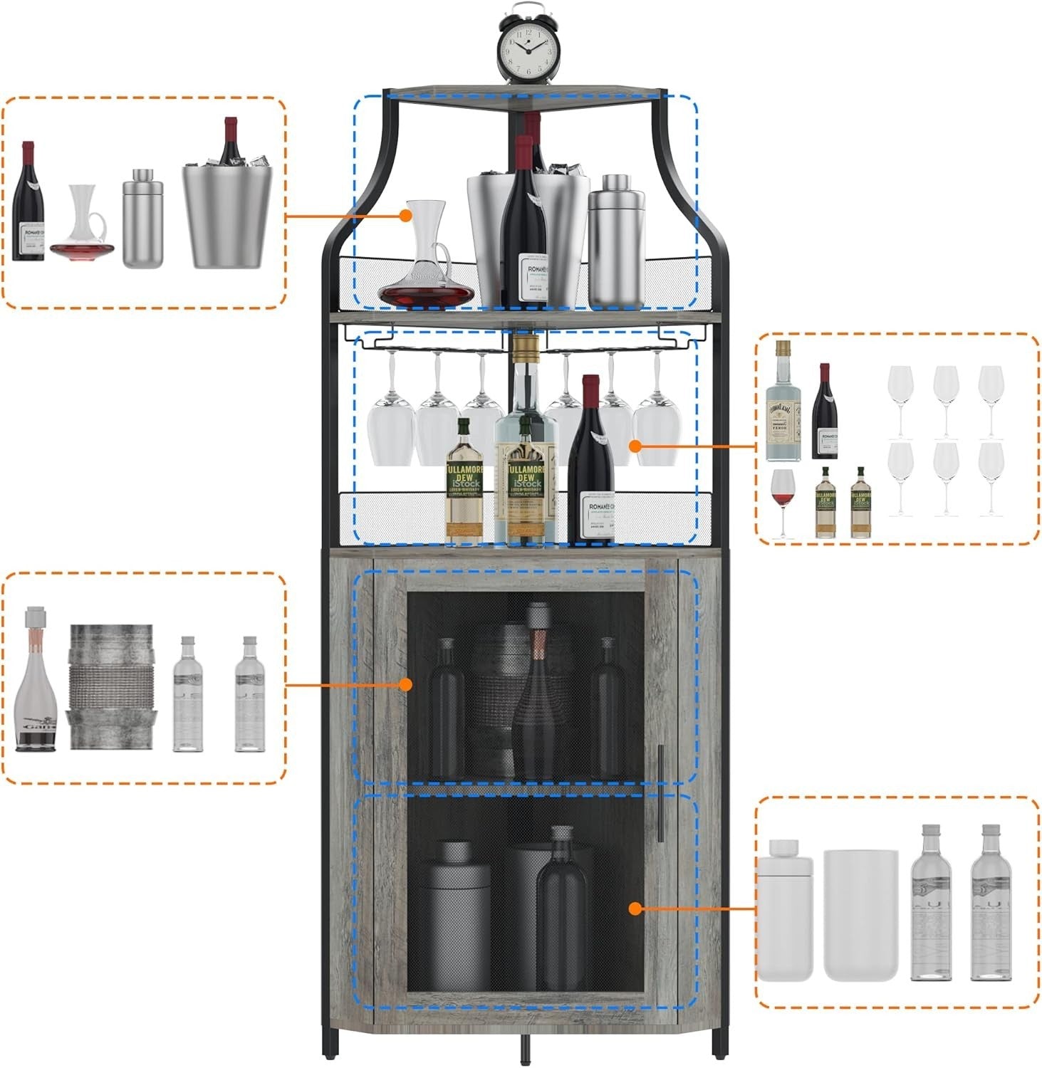 Corner Wine Cabinet with Glass Door & Removable Rack, Industrial Bar