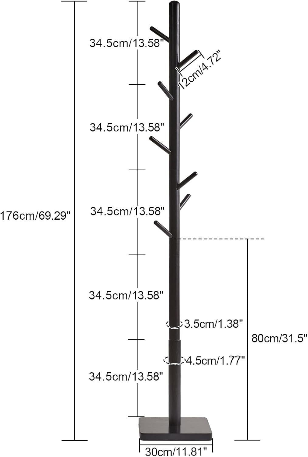 Modern Wooden Coat Rack Stand 8 Hooks Tall Hat Tree Organizer 176cm Black
