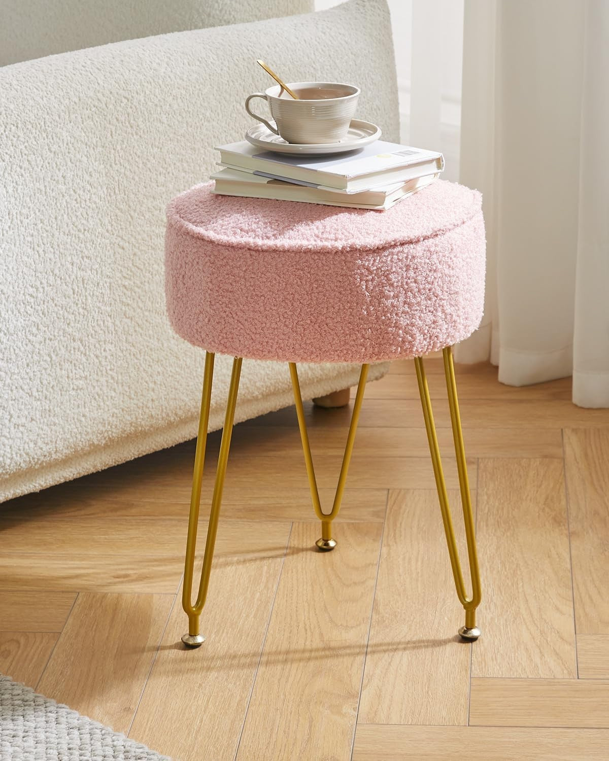 Velvet Round Footrest Ottoman – Cream White Vanity Stool with Steel Legs