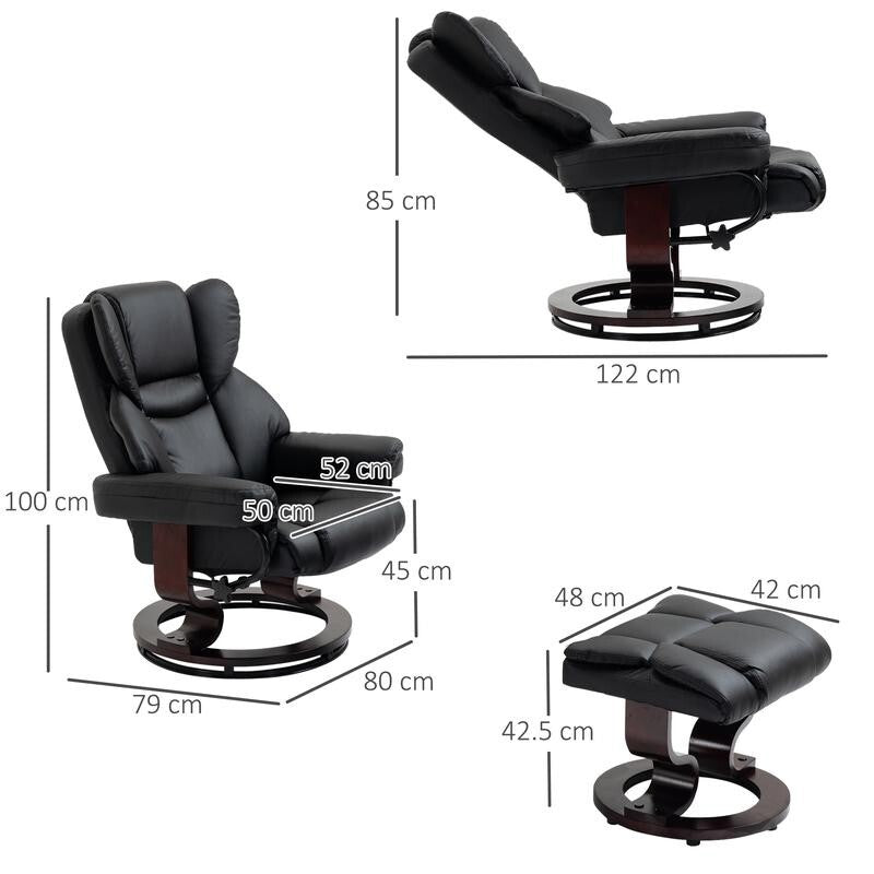 Black Recliner Swivel Armchair with Footstool PU Leather Lounge Chair
