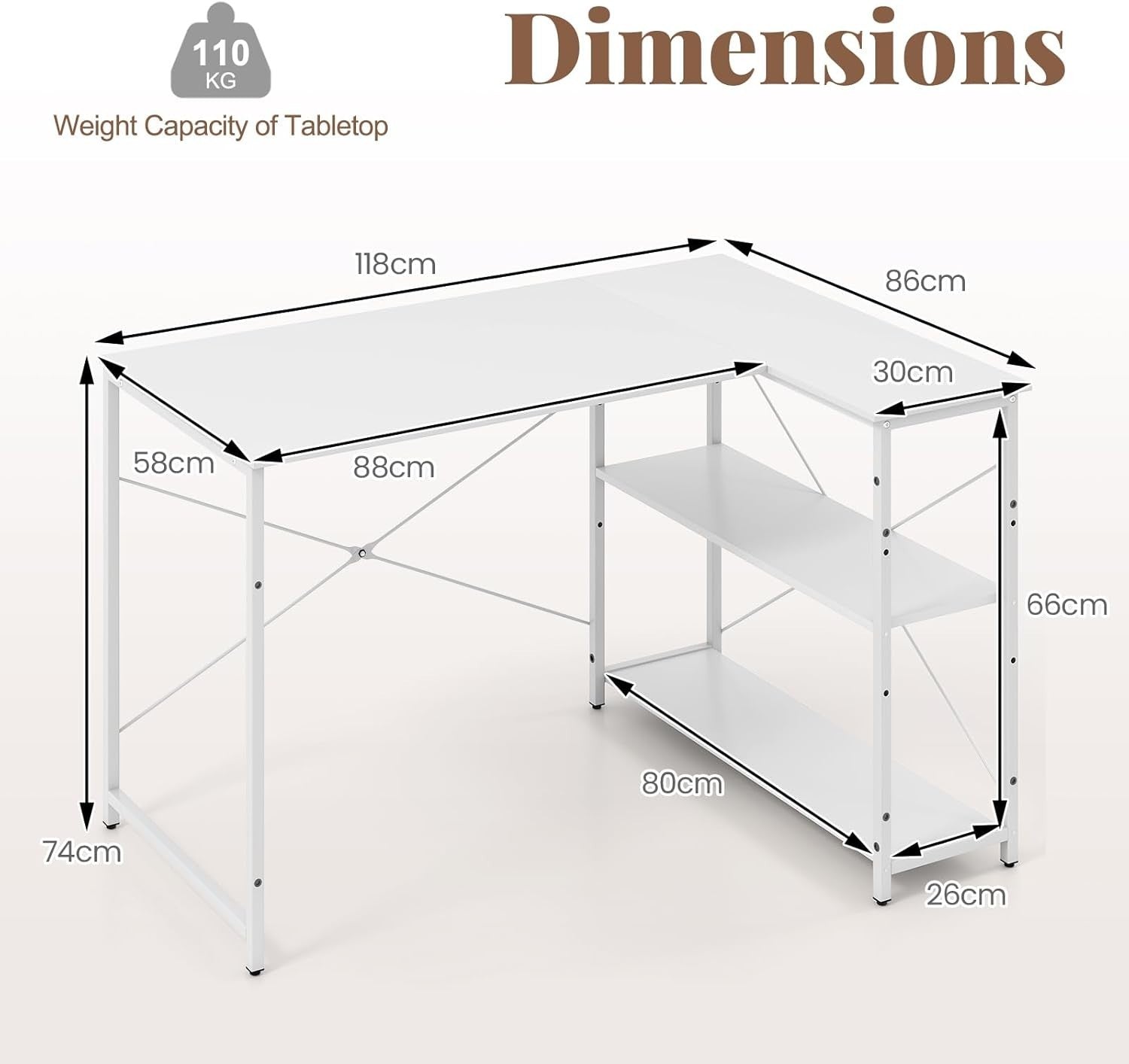 Modern White L-Shaped Corner Desk w/Adjustable Shelves & Metal Frame