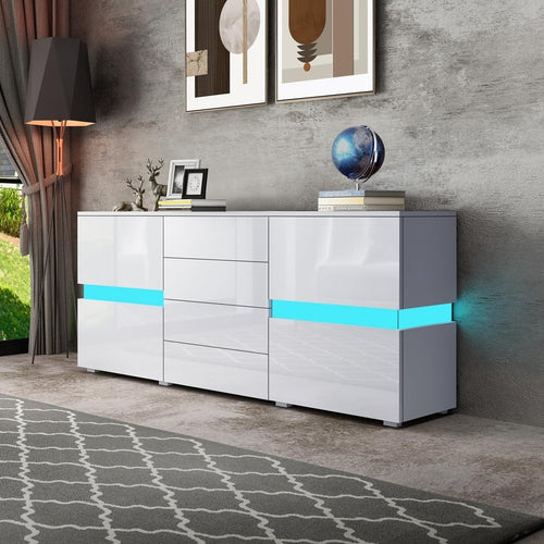 White LED Sideboard Cabinet High Gloss 2 Door 4 Drawer Storage Unit