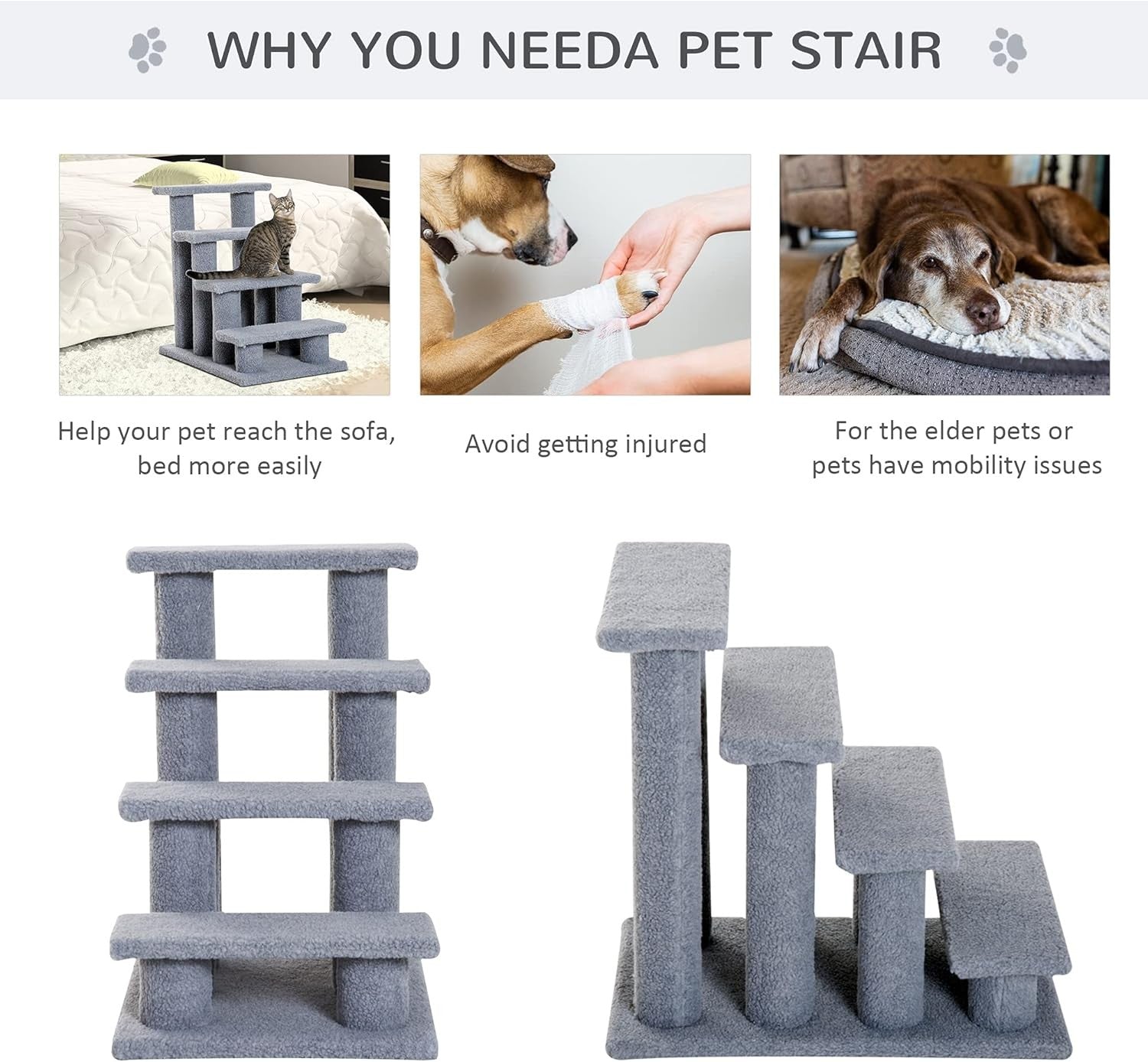 4 Step Dog Stairs for Bed Sofa 63x43x60cm Grey Pet Steps