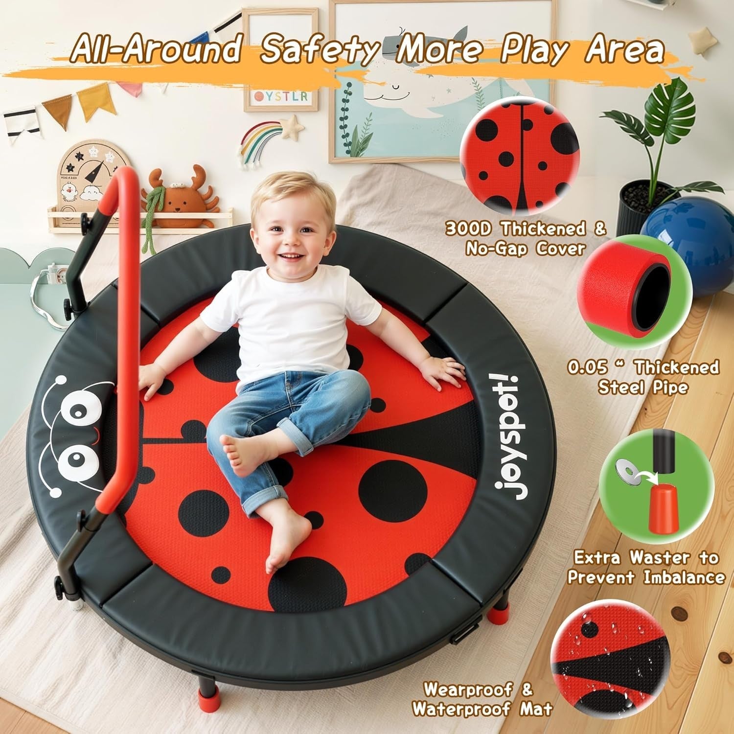 3ft Kids Trampoline Ladybug Foldable Toddler Jumper Handle 100LB