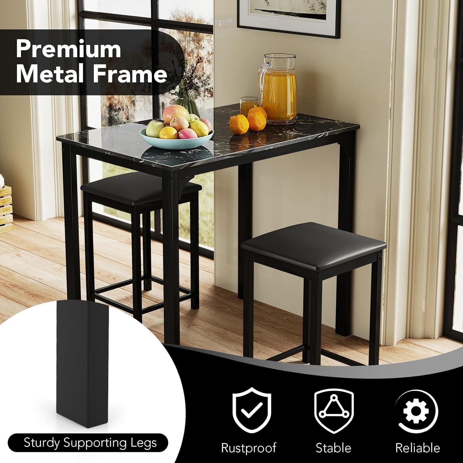 3 Piece Breakfast Bar Table Set with Stools Modern Small Space Dining Black