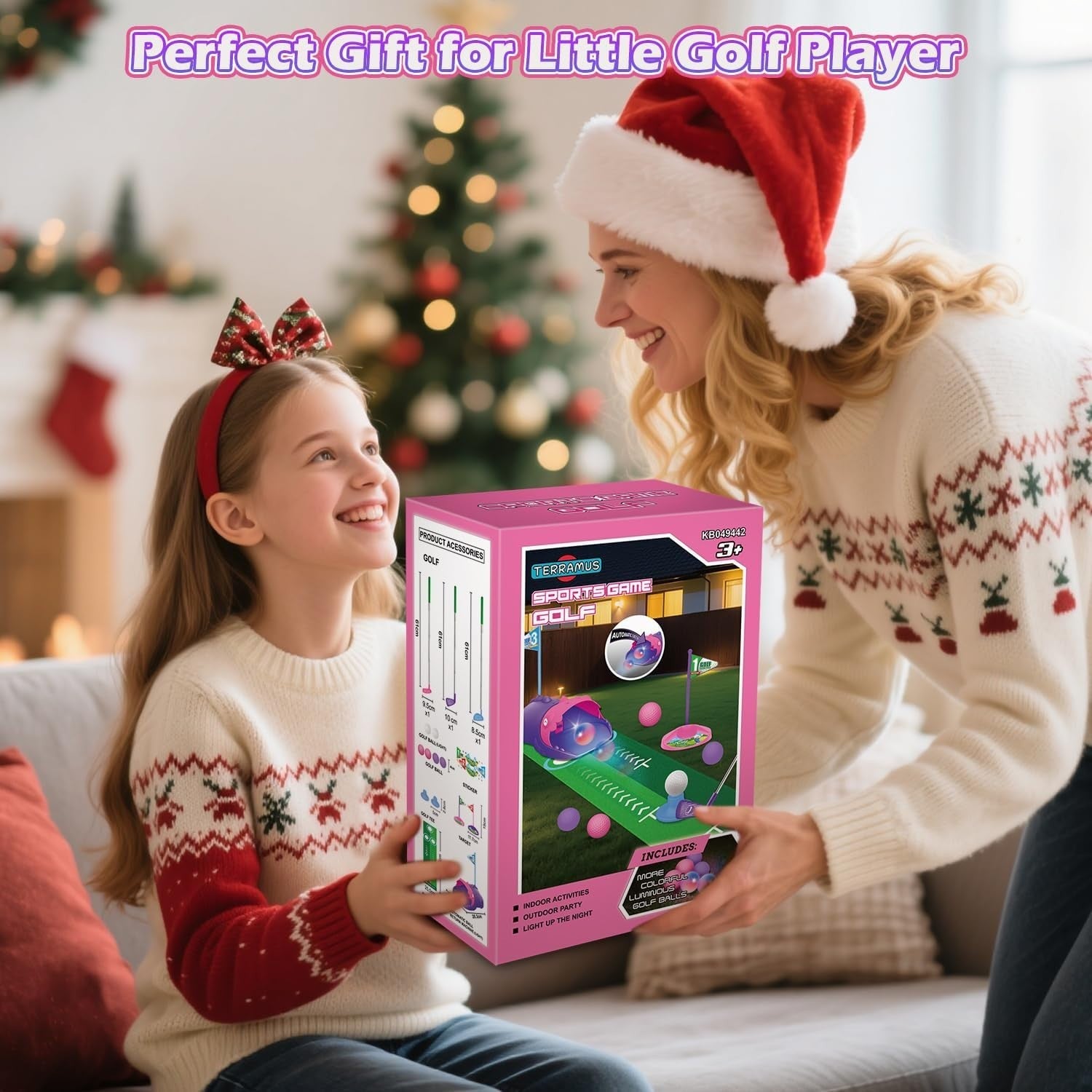 Kids Golf Set Dinosaur Auto Ball Return LED Balls Putting Mat Pink 26”