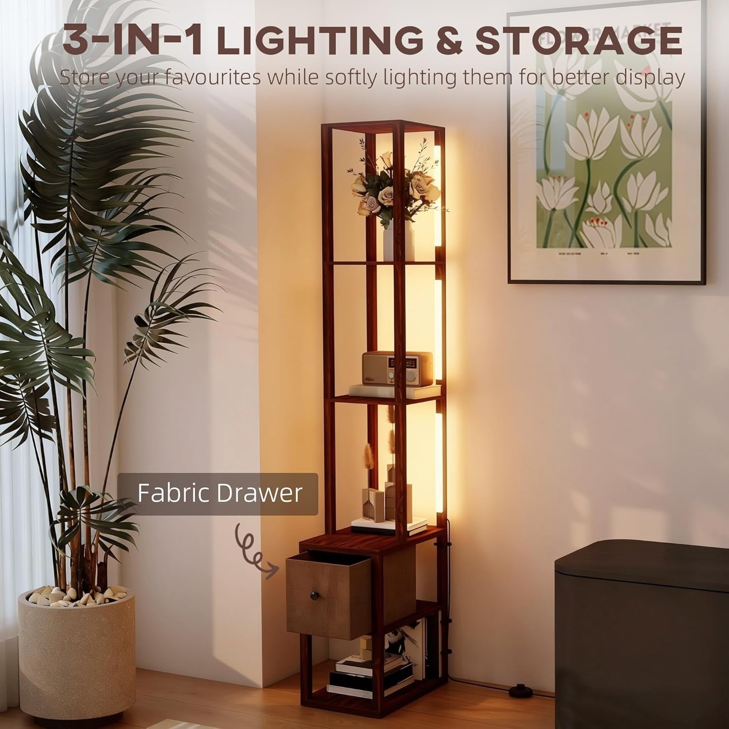 Floor Lamp with Shelves LED Column Storage Standing Lamp Adjustable Light