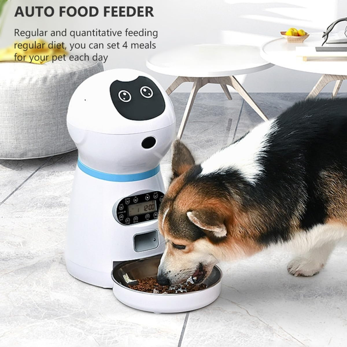 Automatic Pet Feeder Timed Food Dispenser Stainless Steel Bowl White