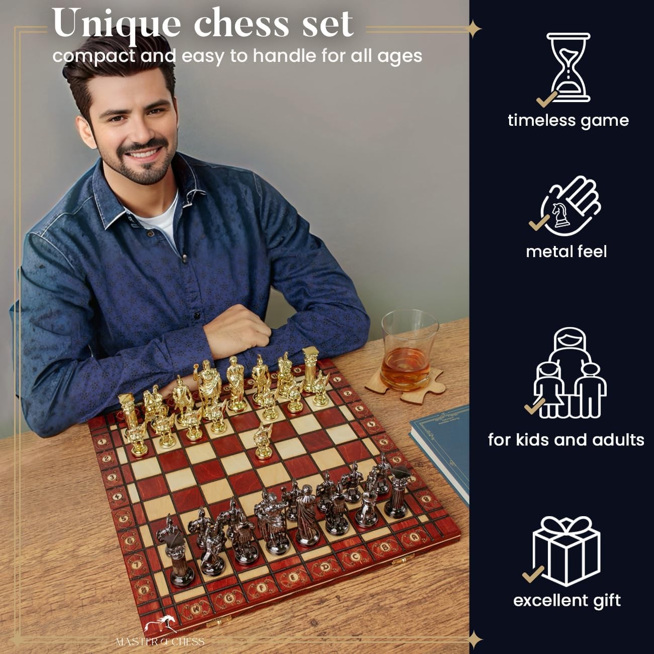 16" Luxury Spartan Chess Set Weighted Chrome Pieces & Inlaid Wooden Board