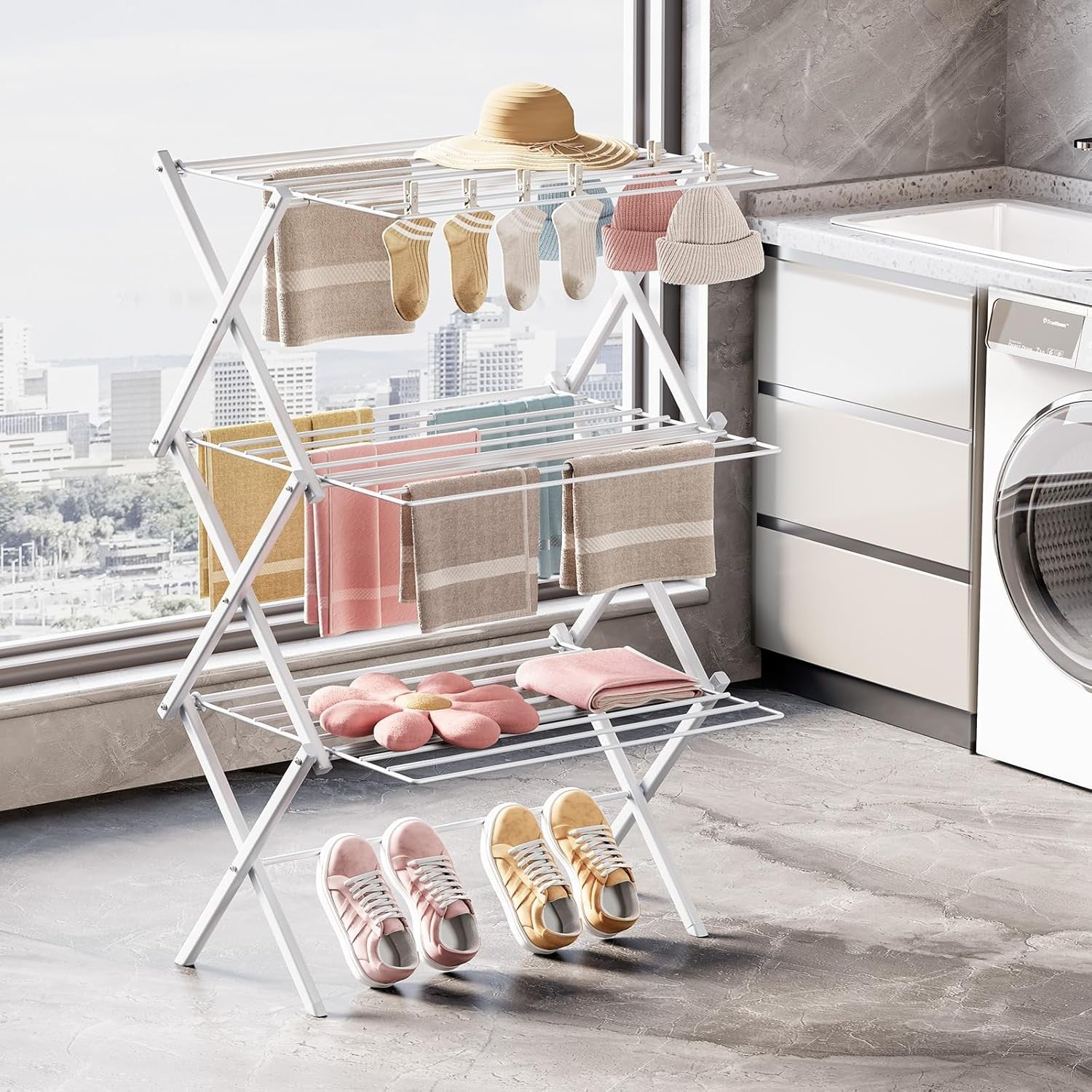 3 Tier Clothes Airer Foldable Drying Rack Space Saving Indoor Laundry Stand
