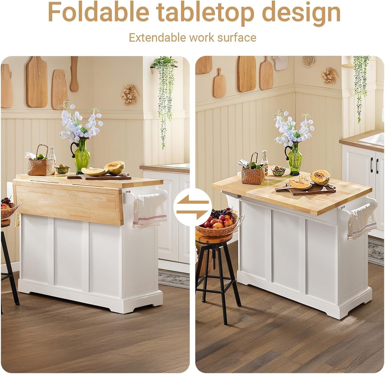 Extendable Kitchen Island on Wheels with Rubber Wood Worktop & Storage