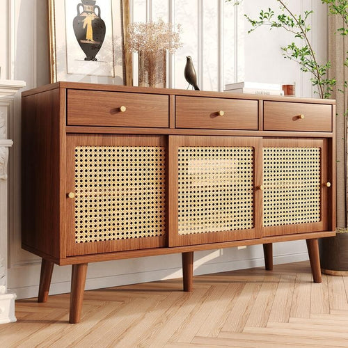 Retro Rattan Sideboard Cabinet 3 Drawer 3 Door Wooden Storage for Living Room